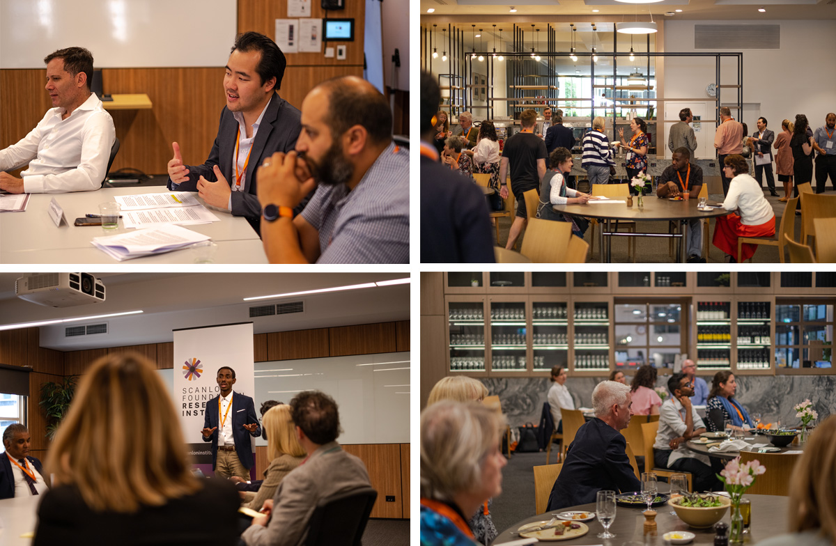 A collection of four images from the Summer School event. Clockwise from top left: One: Three men sit at the corner of a table, one of them is talking and gesturing with his hands; Two: People networking in the dining room during a break, Three: People sit around round tables in the dining room listening to a lunchtime lecture; Four: A man stands in front of a Scanlon-branded pull-up banner talking to a group of people sitting at a long table.